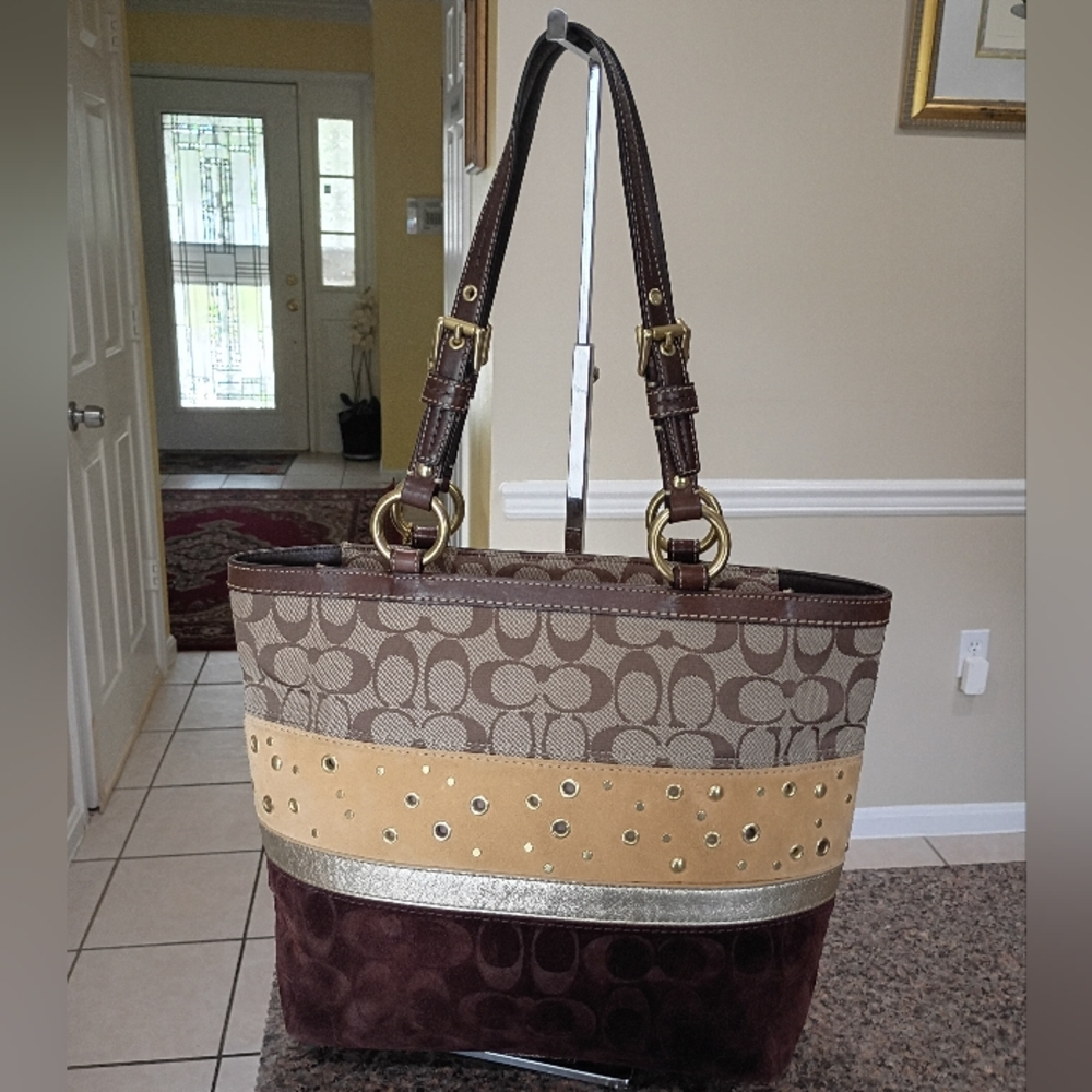 Coach Y2K Patchwork Tote Bag w/ Signature Canvas, Velvet, Suede & Leather Trim - Picture 12 of 15